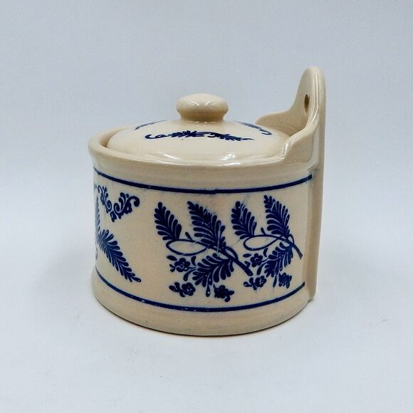 Stoneware Blue Onion Wall Salt Cellar Pig Crock Lid Cobalt Hanging Taiwan - Picture 2 of 12